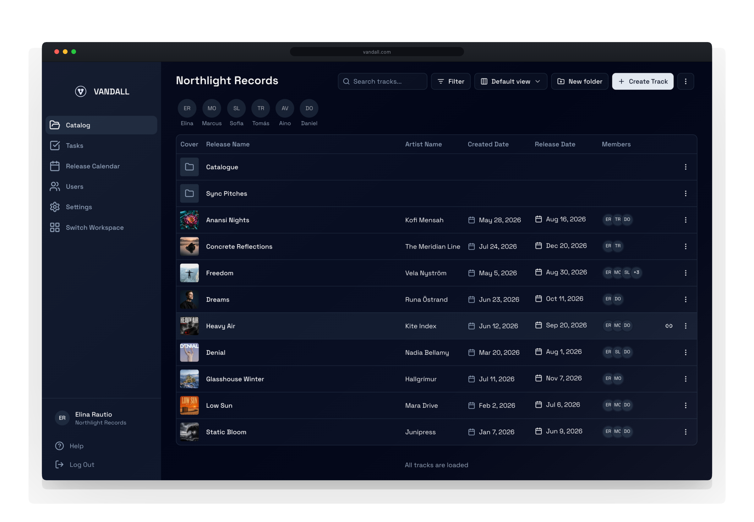 The Vandall Business roster in a browser: ten releases with cover art, named artists, created and release dates, and the members assigned to each
