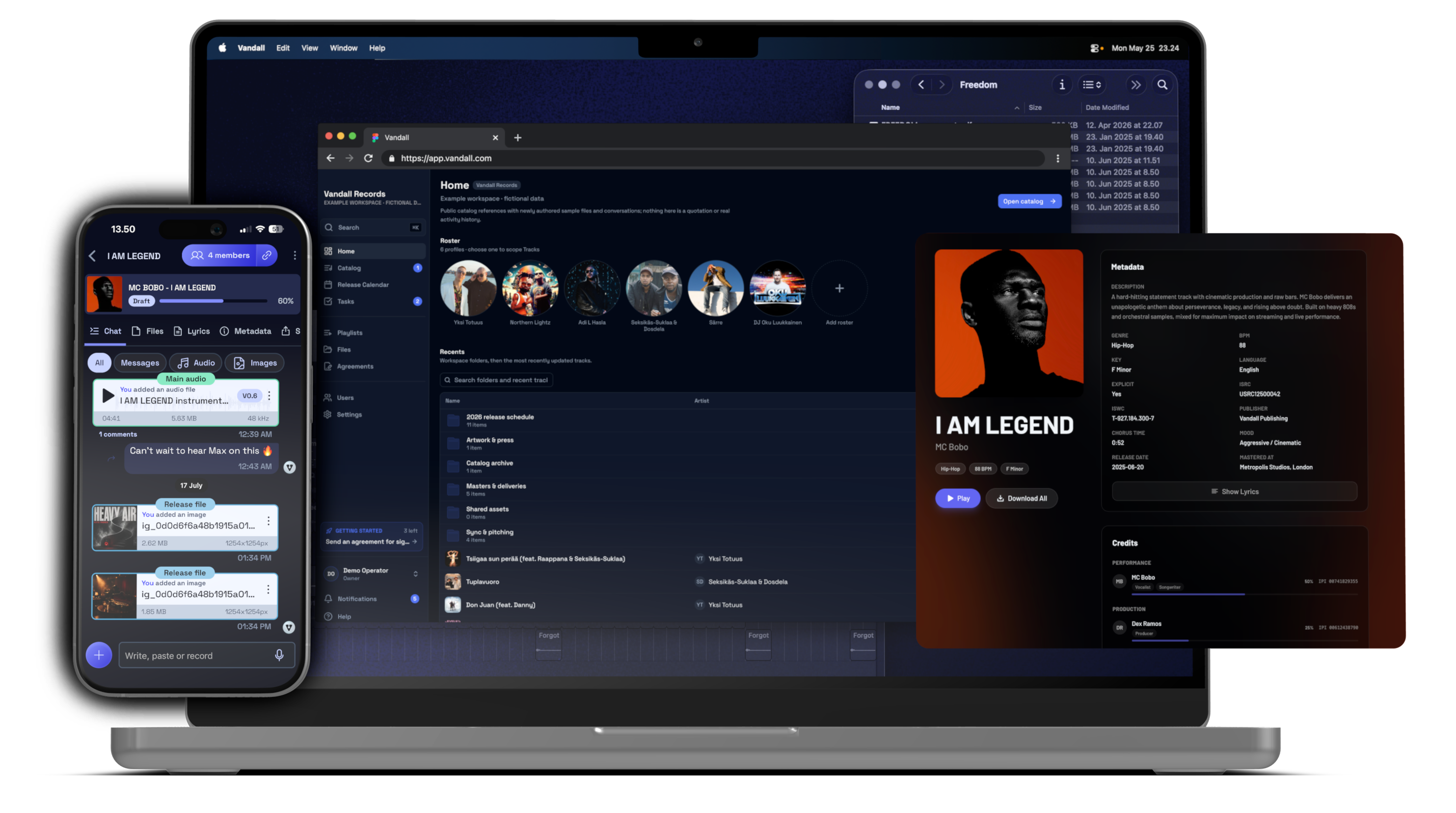 The Vandall workspace across devices: a MacBook running Vandall with a label's roster and release folders and a folder of masters open beside it, a phone in front showing a track's conversation with its audio versions, and the release's metadata panel with cover art and credits