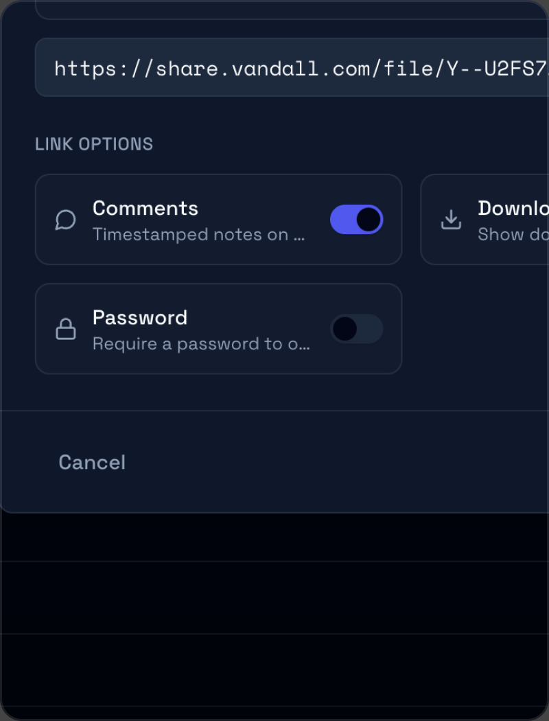 Link options on a Vandall share dialog: Comments, Download and Password toggles above the file's share link