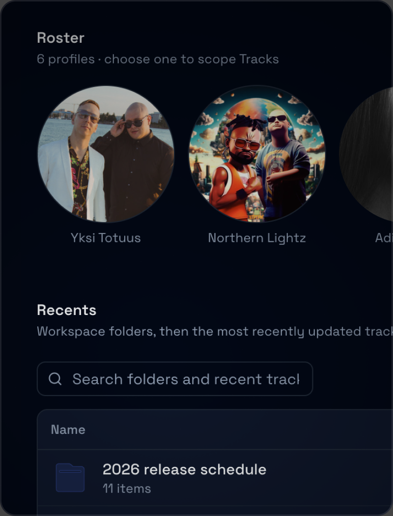 The Vandall Business roster: named acts to scope Tracks by, and a Recents list of workspace folders and tracks below