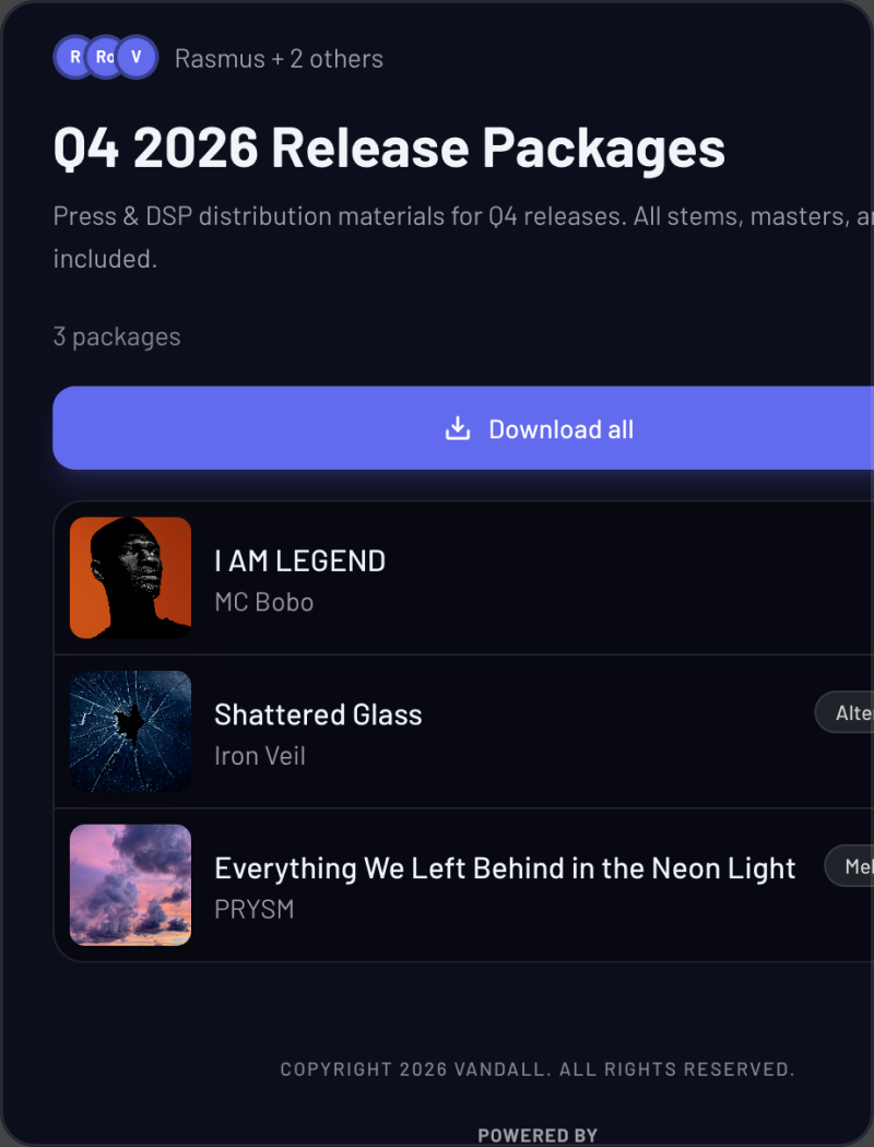 A Vandall public share page for Q4 2026 Release Packages: three packages with cover art and a Download all action
