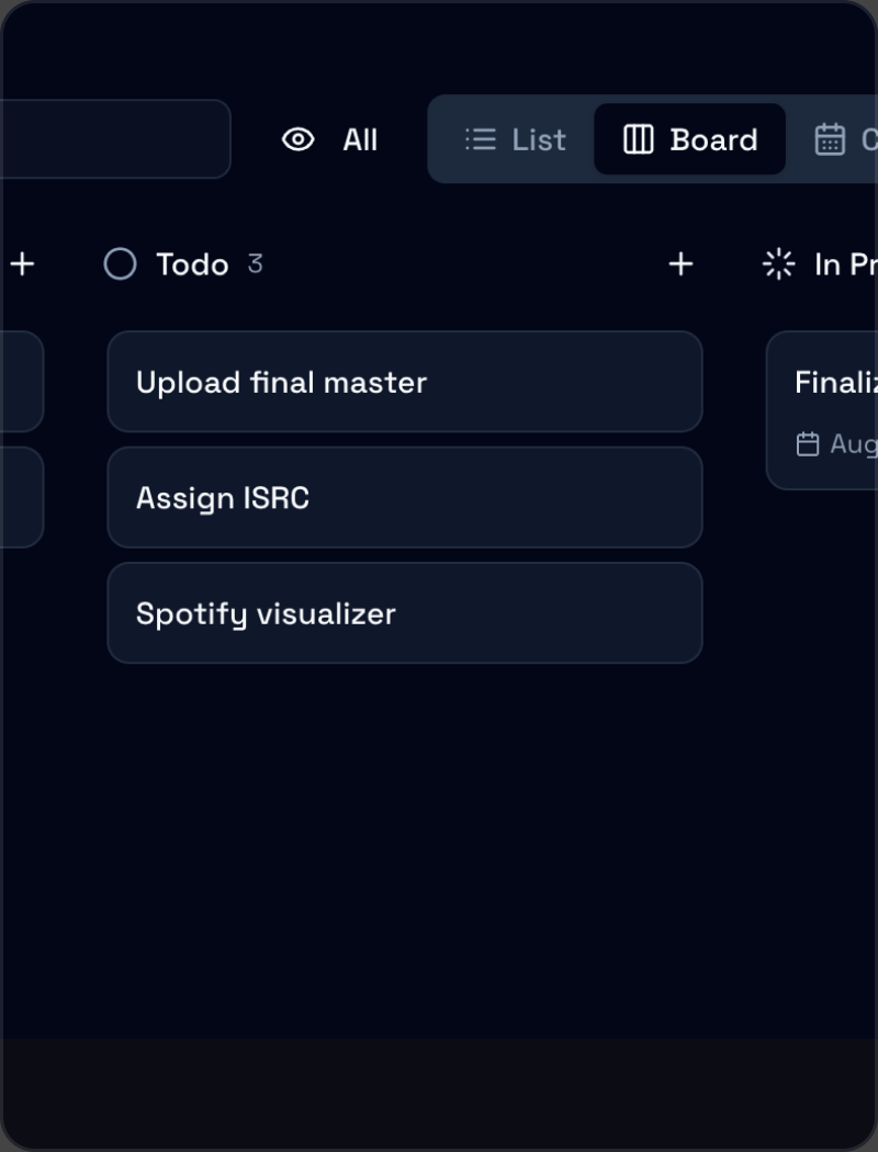 The Vandall Business task board: a Todo column with release jobs — Upload final master, Assign ISRC, Spotify visualizer — next to In Progress