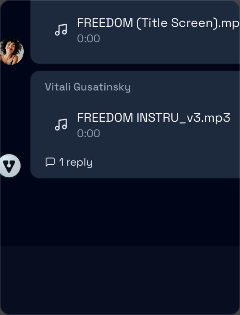 A Vandall Business project conversation with FREEDOM INSTRU_v3.mp3 posted as the latest version, and a reply thread under it