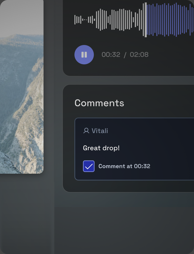 The comment box on a Vandall share page, with a waveform above and an option to attach the timestamp