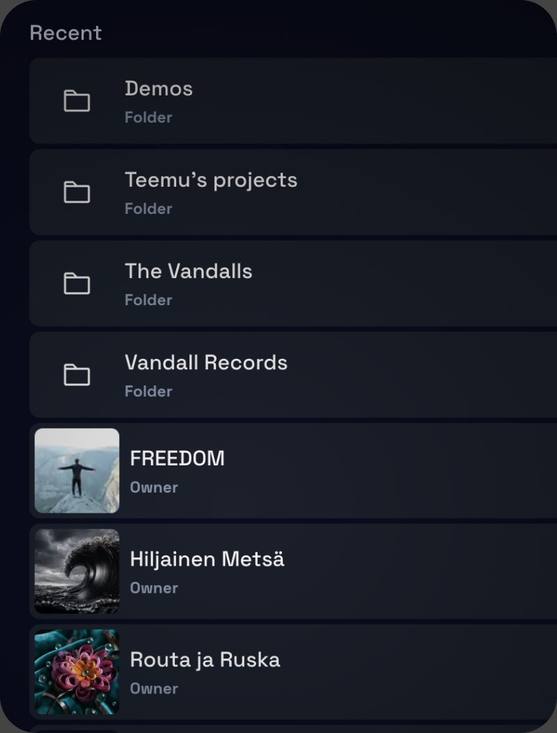 The projects list in the Vandall app: named tracks with cover art and the owner per row