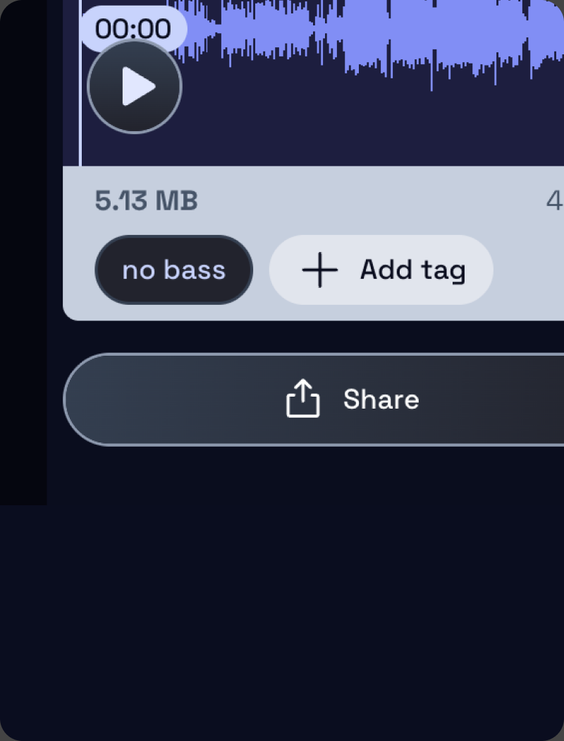 A Vandall file with a custom tag — "no bass" — attached, and an Add tag control beside its waveform