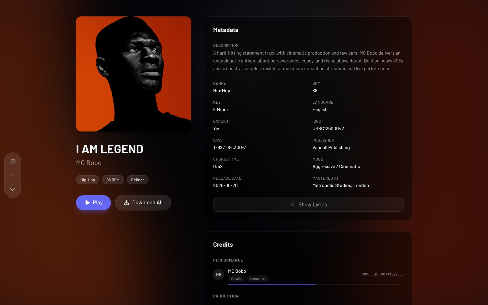 The release package a recipient opens from the link: the cover art, the track and artist, play and download-all, the full metadata block, and the credits with their splits