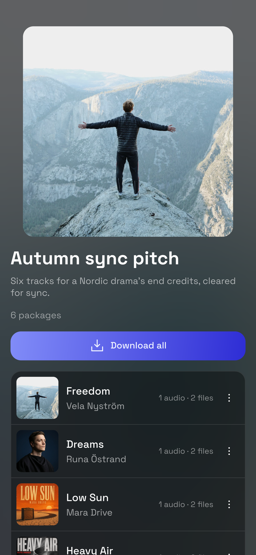 A shared Vandall playlist on a phone: the Autumn sync pitch cover and name, six packages, Download all, and the tracks with their covers
