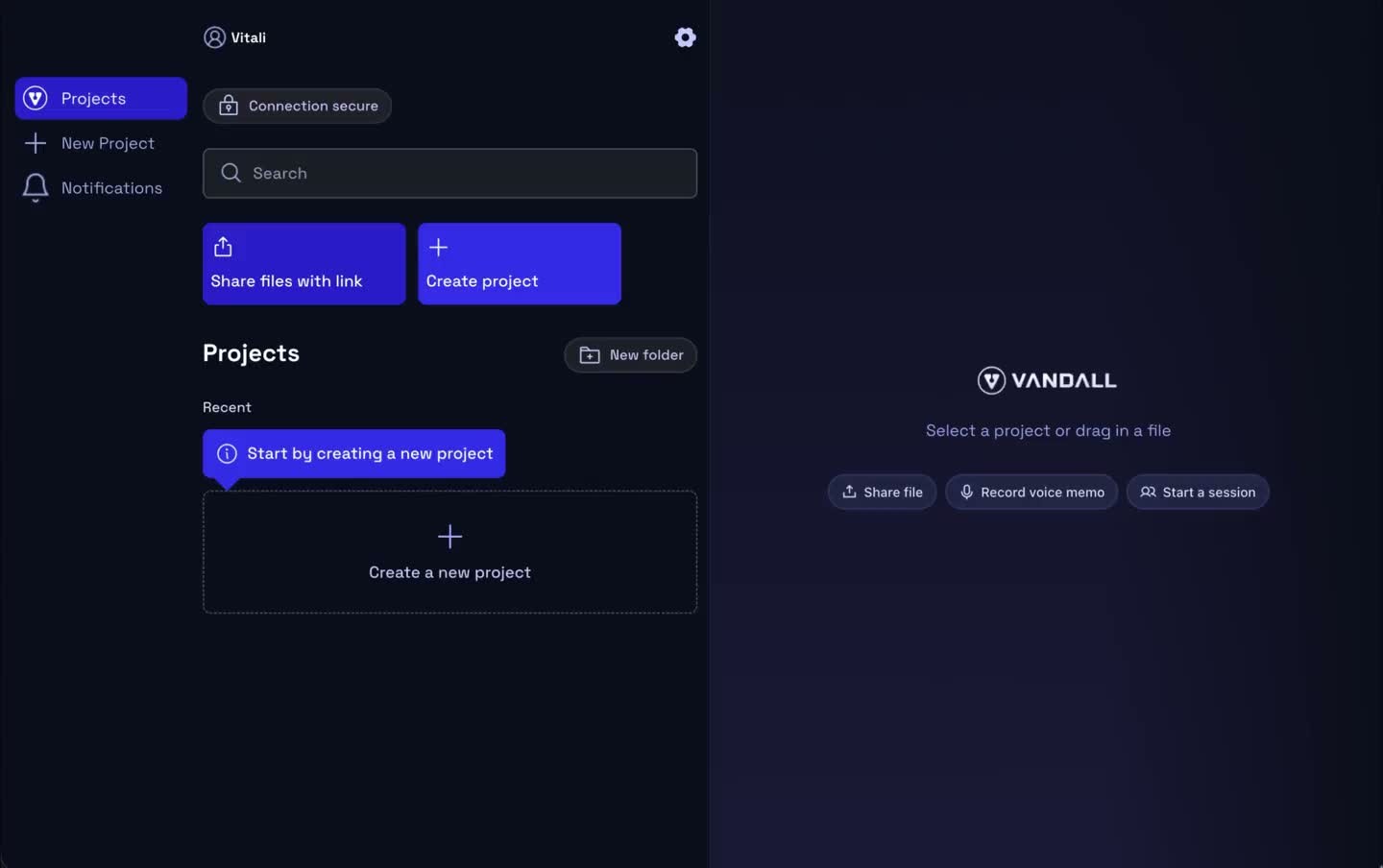 Vandall App — project workspace with audio, versions, and comments